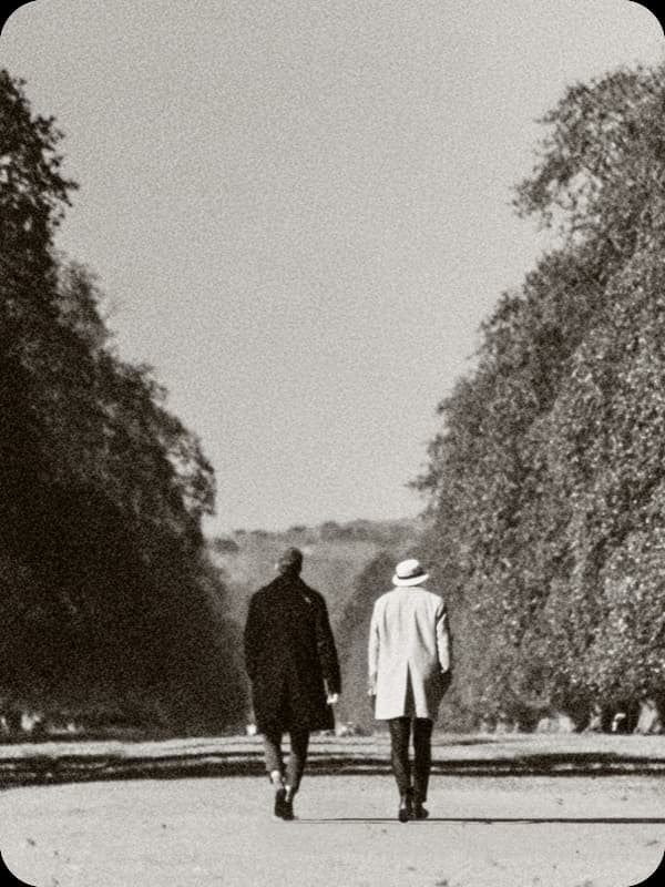 Warm photography, two figures walking through a sun-drenched tree-lined path